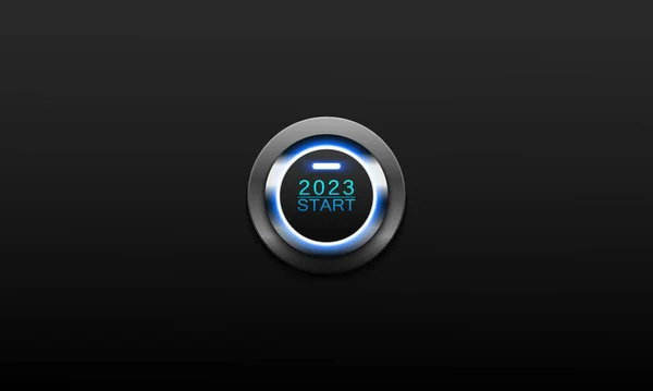 Mavi Işıklandırılmış Başlama Düğmesi Yıl 2023 — Stok Vektör