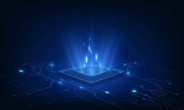 Abstract technology chip processor background circuit board and html code,3D illustration blue technology background vector.