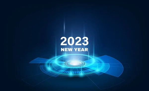 幸せな新年2023未来的な技術の背景にバブルライト抽象時計とお祝い カウントダウンコンセプト — ストックベクタ