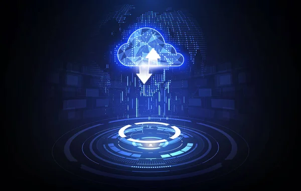 Technologie Cloud Mnohoúhelníková Cedule Dvěma Šipkami Nahoru Dolů Tmavě Modré Stock Ilustrace