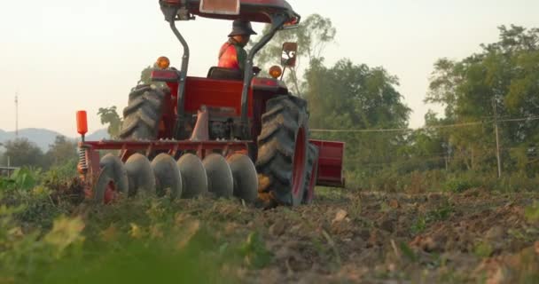Aziatisch Man Boer Rijdt Een Boerderij Trekker Ploegen Landbouw Veld — Stockvideo