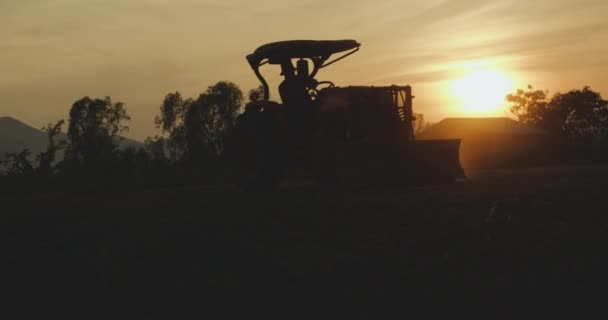 シルエット農業農業の風景 農業トラクターに乗って日没の農業分野の残留農作物を掃除する農民のショット — ストック動画