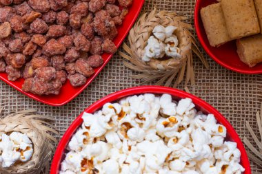 Brezilya haziran partisinden gelen çeşitli böceklerle dolu bir masa.