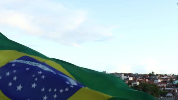 Brasiliansk Flagga Skakar Med Brasiliansk Gemenskap Bakgrunden — Stockvideo