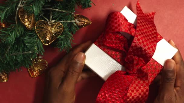 Hand Bringing Christmas Gift Box Taking Out Bow — Stock Video