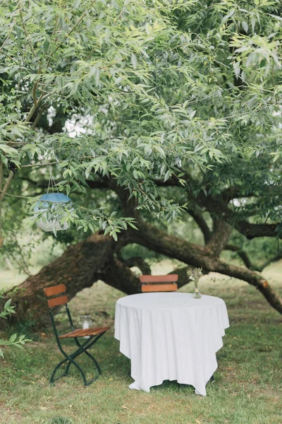 緑は木の葉の下に 背景に2つのテーブルで残します ロマンチックな休暇の概念 素朴な庭で屋外ダイニング 選択的焦点 ストック画像