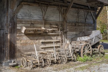 Güney Almanya 'da Wolfegg' deki eski çiftçi köyünde bitkiler, çiçekler ve makineler
