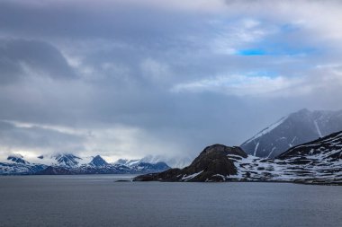 Cruising in the Hamiltonbukta on Spitsbergen and driving along glacier und bird watching clipart