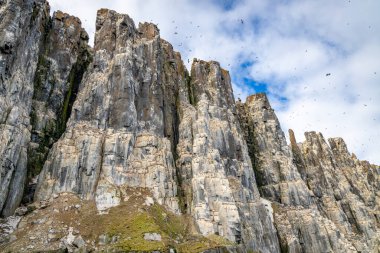 Svalbard, Norveç 'teki Spitsbergen ve Nordaustlandet arasındaki Alkefjellet' teki kayalar ve buzullar