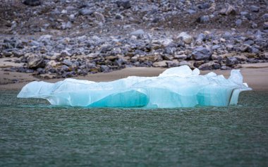 Buzdağları ve küçük buzdağları boyunca Magdalensfjorden 'de Svalbard' da Kuzey Kutbu 'nda dolaşmak