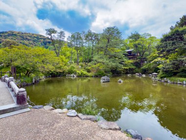 Japonya 'da Kyoto yakınlarında küçük harika bir göletin etrafında yürüyorum.