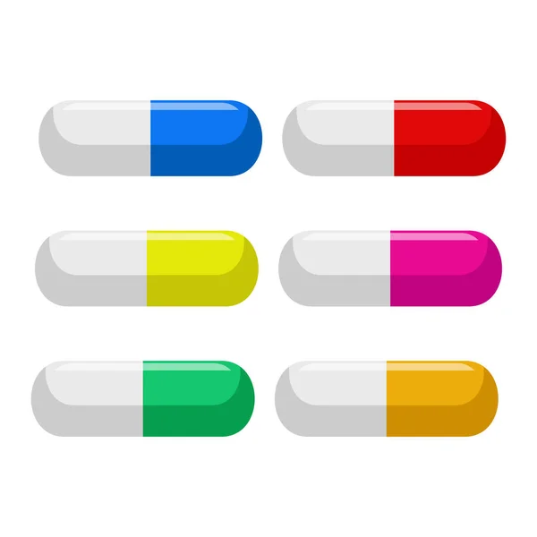 異なる色の錠剤 錠剤のアイコン 白い背景に隔離カプセル 医療用医薬品のベクトル図漫画シンプルなフラットスタイル — ストックベクタ