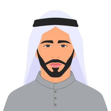 Sakallı bir Arap portresi, doğulu iş adamı, düz çizim, karikatür tarzı, beyaz arka planda izole edilmiş.