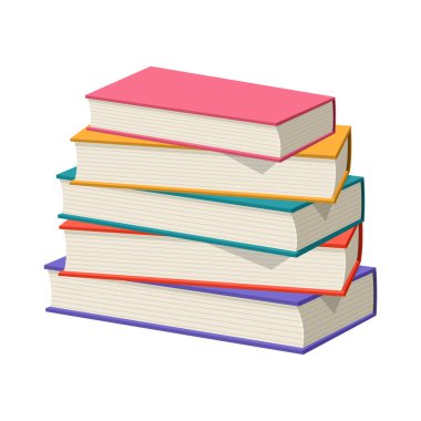 Beyaz arkaplan, okul kitapları ve en çok satanlar, kütüphane veya kitapçı, edebiyat, eğitim, vektör kitapları yığınına izole edilmiş renkli kitap yığını