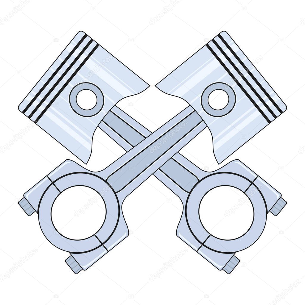 Crossed engine pistons isolated on white background. Vector illustration. Motorcycle part