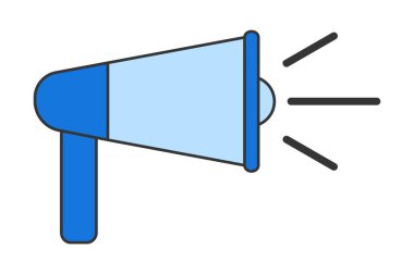 Mavi megafon, genellikle reklam için kullanılan, beyaz arka planda izole edilmiş bir illüstrasyon. Hoparlörün yan görüntüsü. Vektör illüstrasyonu