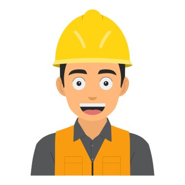 Sarı kasklı ve iş üniformalı, beyaz arka planda izole edilmiş, avatar tasarımlı, gülümseyen genç bir fabrika işçisinin vektör çizimi