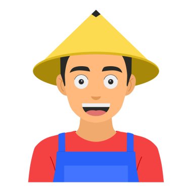 Vector illustration of a young smiling farmer wearing a traditional conical hat and farming clothes, avatar design. Isolated on a white background clipart