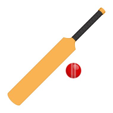 Beyaz arka planda izole edilmiş kriket sopası ve top vektör çizimi, spor ekipmanları. Kriket dünyadaki en popüler sporlardan biridir.