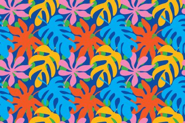 Tropikal yapraklarla kusursuz tekrarlayan desen. vektör illüstrasyonu