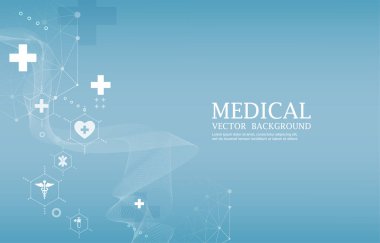 Soyut vektör modern tıbbi duvar kağıdı. Geometrik. Tıbbi simgeler. Mavi arkaplan.