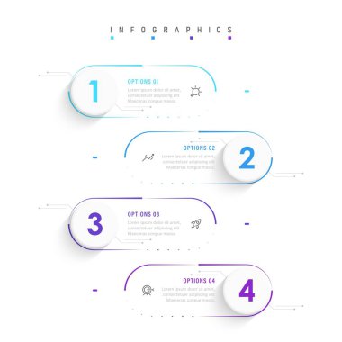Simgeli ve 4 seçenekli Vector Infographic etiket tasarım şablonu. İşlem şeması, sunumlar, iş akışı düzeni, afiş, akış şeması, bilgi grafiği için kullanılabilir.