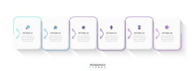 Simgeli ve 6 basamaklı vektör Infographic etiket tasarım şablonu. İşlem şeması, sunumlar, iş akışı düzeni, afiş, akış şeması, bilgi grafiği için kullanılabilir.