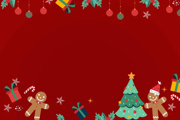 背景サンタクロースとギフトボックスクリスマスツリーとクリスマスフェスティバル要素赤い背景ベクトルイラスト — ストック写真