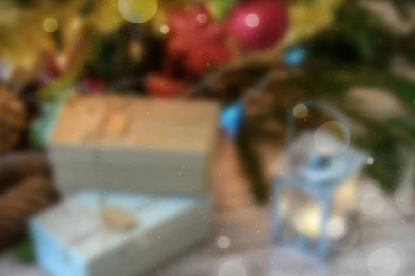 Background Christmas Festival Snow Blur Bokeh Christmas Tree Gift Box — Stock Photo, Image
