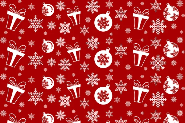 赤い背景にシームレスなクリスマスパターンの白いギフトボックスと雪の結晶 ベクターイラスト — ストックベクタ