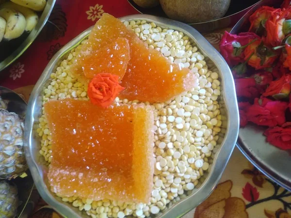 Gros Plan Belle Nourriture Traditionnelle Indienne Des Fruits Remplis Dans — Photo