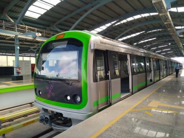 Bangalore, Karnataka, India-Jun 23, 2018: Closeup of beautiful Green Line Metro Station and Metro Train, Yelachenahalli, Kanakapura Road.