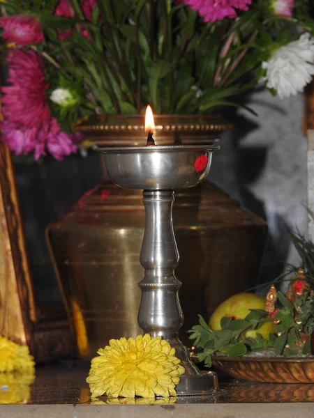 Closeup Beautiful Decorated Silver Metal Oil Lamp Fire Front Puja — Stock Photo, Image