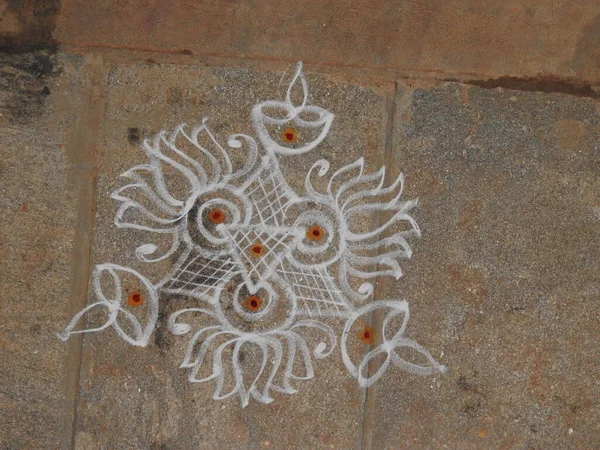 Closeup Beautiful Rangoli Drawing Sand Floor Festival Season — Stock Photo, Image