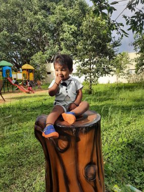 Bangalore, Karnataka, Hindistan-Haziran 10, 2023: Parktaki güzel Hintli Bebek fotoğraf çekimine yakın çekim