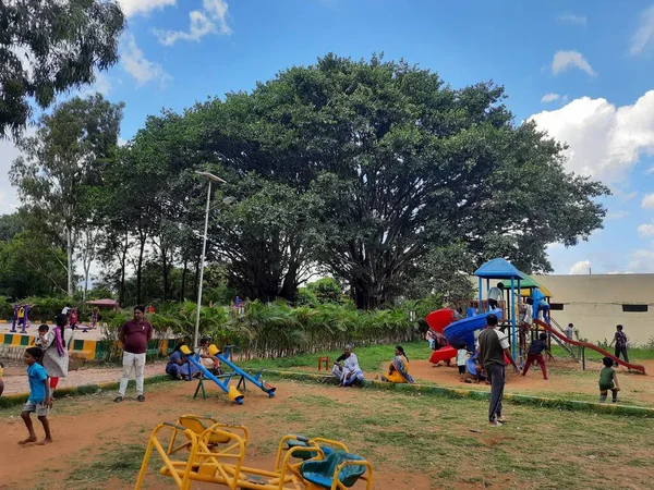 2023年6月10日 印度卡纳塔克邦班加罗尔 在公园里布置漂亮而真实的儿童体育用品 并在Machohalli森林门一起玩耍 — 图库照片