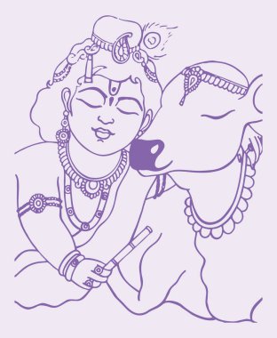 Lord Krishna 'nın çizimi veya çizimi ve tasarım elemanları çizimi