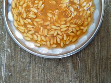 Muskmelon Meyve Tohumları Çelik Tabakta Grubu 'nun yakın çekimi. Misk karpuzu tohumu dokusu