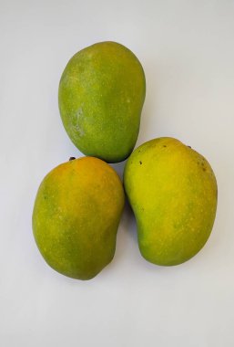Güzel yeşilimsi sarı ve kırmızı renkli Mango meyveleri beyaz arka planda izole edilmiş..