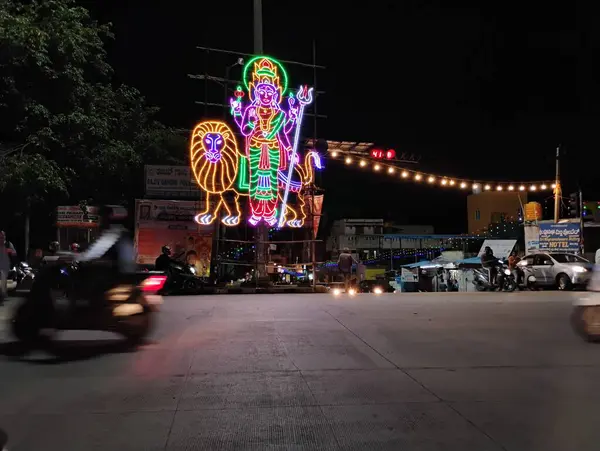 stock image Bangalore, Karnataka, India-June 11 2024: Closeup of hindu religion Annual Goddess celebration Event decorated with led lights on roadside.