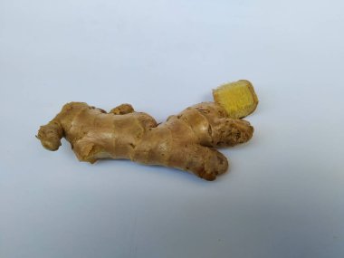 Beyaz arkaplanda taze zencefil kökü veya rhizomu yakın plan