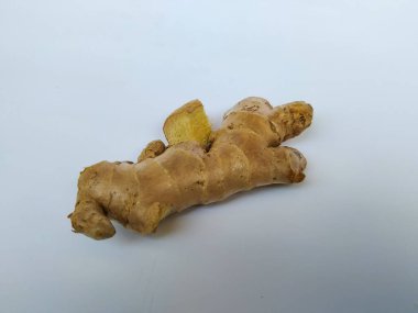 Beyaz arkaplanda taze zencefil kökü veya rhizomu yakın plan