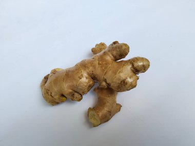 Beyaz arkaplanda taze zencefil kökü veya rhizomu yakın plan