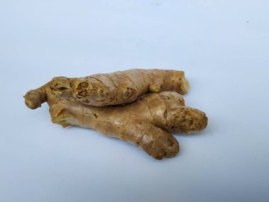 Beyaz arkaplanda taze zencefil kökü veya rhizomu yakın plan