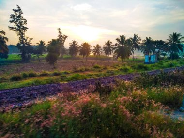 Güzel manzaralı tarım alanı, demiryolu istasyonu ve gündoğumu gökyüzü arka planına yakın..