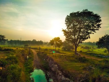 Güzel manzaralı tarım alanı, demiryolu istasyonu ve gündoğumu gökyüzü arka planına yakın..