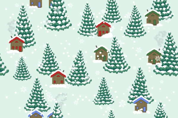 冬の森の中の小さな木造住宅 雪の中のクリスマスツリー シームレスなベクトルパターン — ストックベクタ