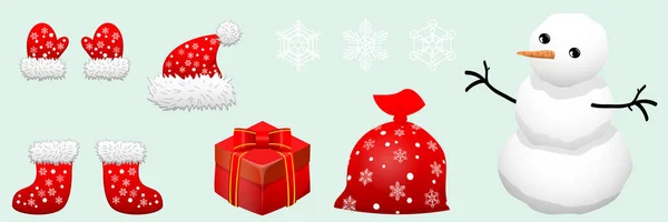 Set Christmas Items Snowman Santas Red Mittens Boots Santas Hat — Stock Vector