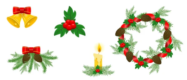 Christmas Items Set Golden Bells Red Bow Poinette Christmas Wreath — Stock Vector