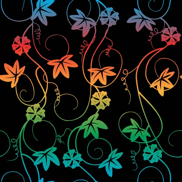 Feuilles Fleurs Arc Ciel Plantes Tropicales Sur Fond Noir Motif — Image vectorielle